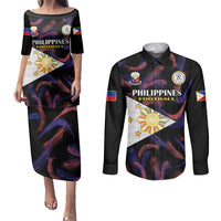 Philippines Football Couples Matching Puletasi Dress and Long Sleeve Button Shirts 2023 World Cup Go Filipinas Feather Black Version LT14 Black - Polynesian Pride