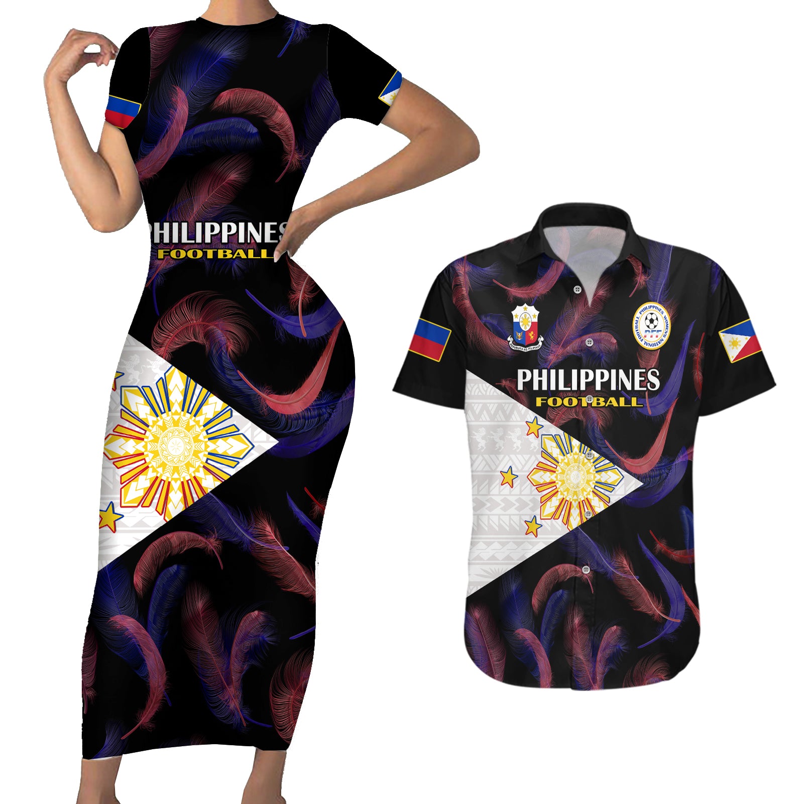 Philippines Football Couples Matching Short Sleeve Bodycon Dress and Hawaiian Shirt 2023 World Cup Go Filipinas Feather Black Version LT14 Black - Polynesian Pride