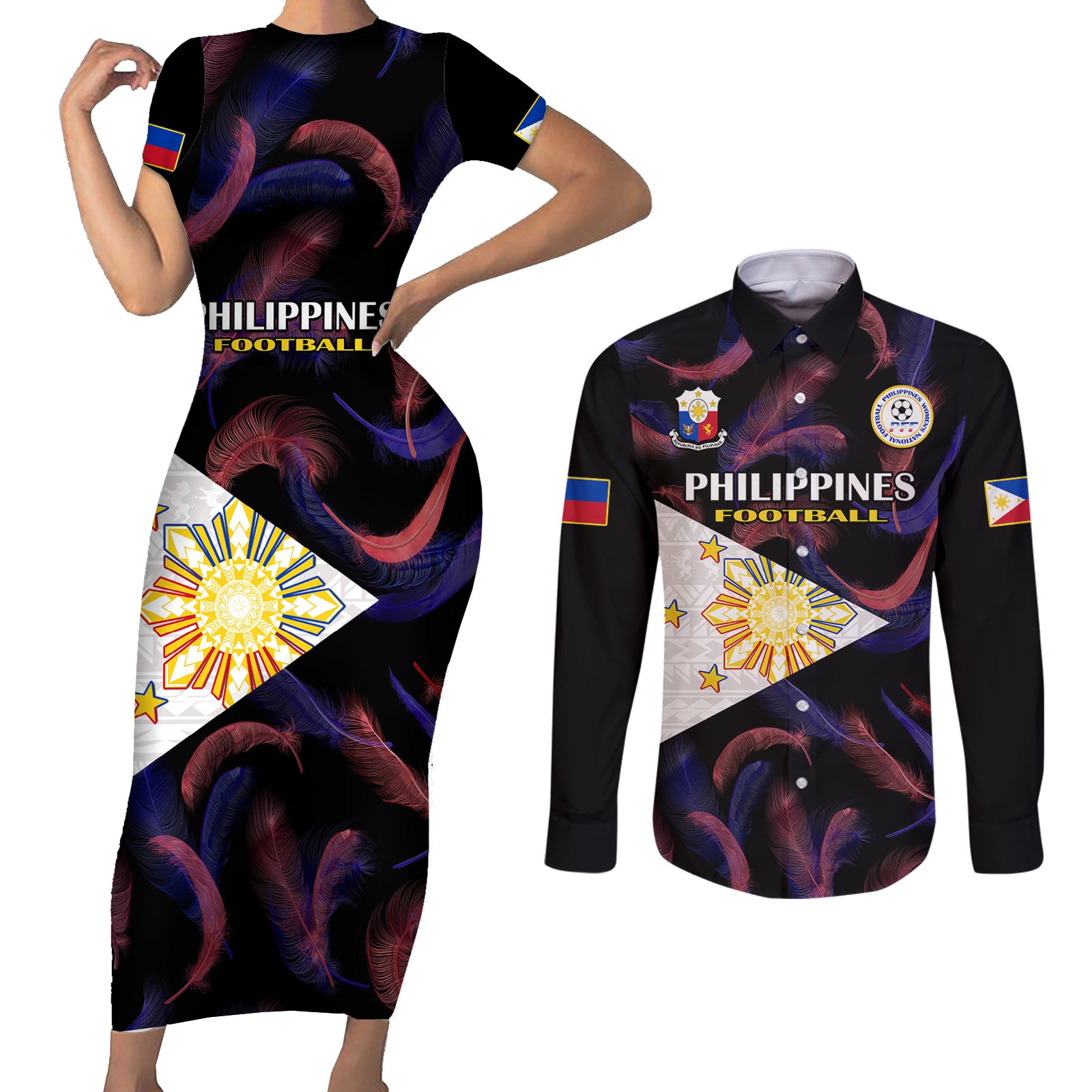 Philippines Football Couples Matching Short Sleeve Bodycon Dress and Long Sleeve Button Shirts 2023 World Cup Go Filipinas Feather Black Version LT14 Black - Polynesian Pride
