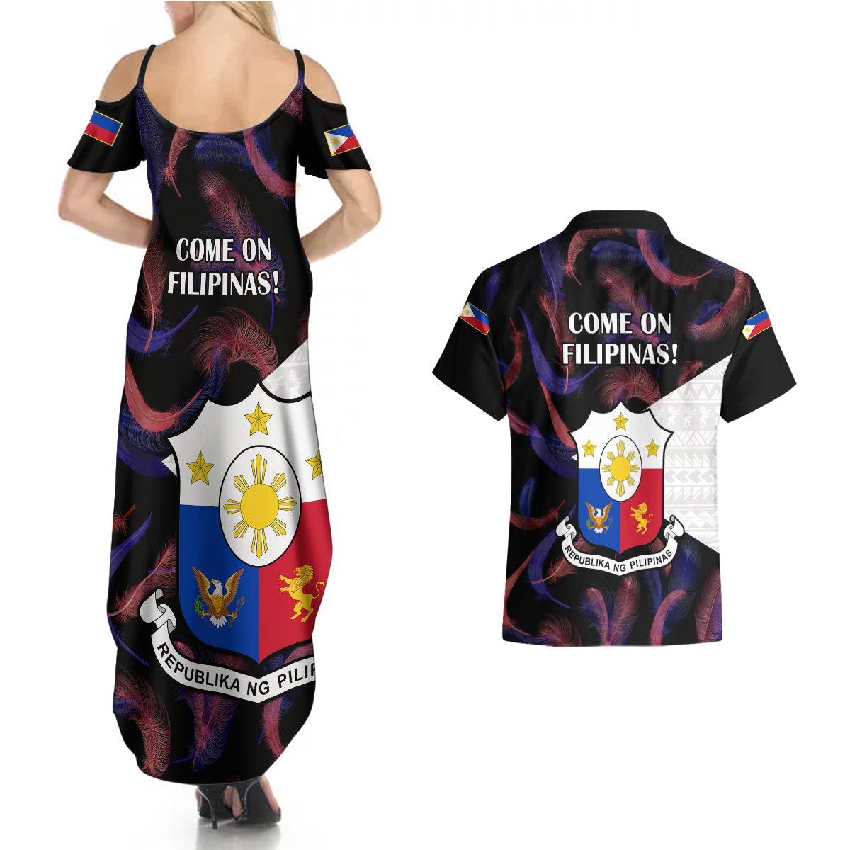 Philippines Football Couples Matching Summer Maxi Dress and Hawaiian Shirt 2023 World Cup Go Filipinas Feather Black Version LT14 - Polynesian Pride
