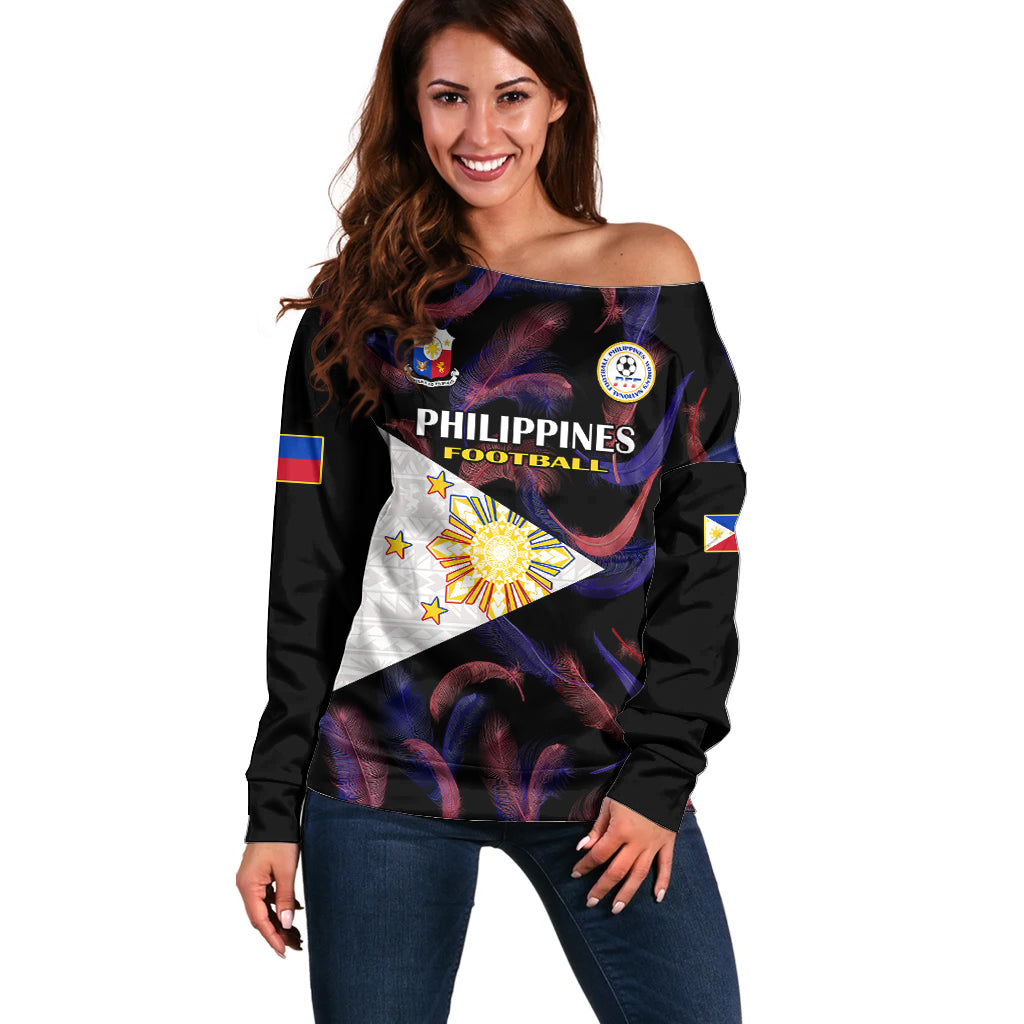 Philippines Football Off Shoulder Sweater 2023 World Cup Go Filipinas Feather Black Version LT14 Women Black - Polynesian Pride