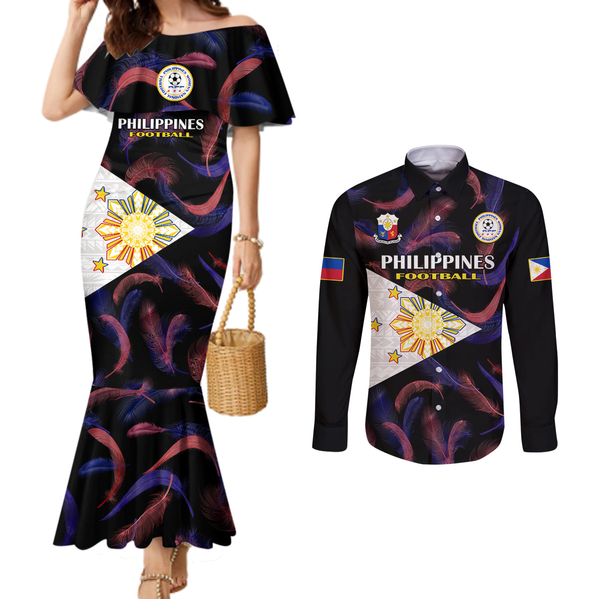 Custom Philippines Football Couples Matching Mermaid Dress and Long Sleeve Button Shirts 2023 World Cup Go Filipinas Feather Black Version LT14 Black - Polynesian Pride