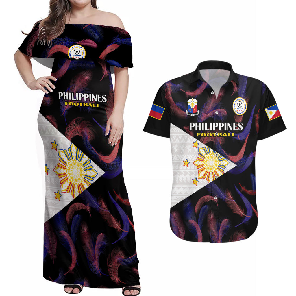 Custom Philippines Football Couples Matching Off Shoulder Maxi Dress and Hawaiian Shirt 2023 World Cup Go Filipinas Feather Black Version LT14 Black - Polynesian Pride