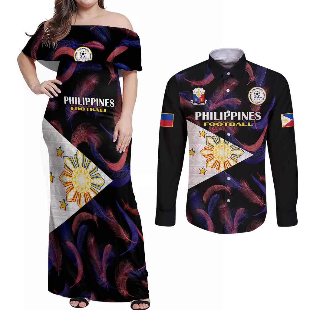 Custom Philippines Football Couples Matching Off Shoulder Maxi Dress and Long Sleeve Button Shirts 2023 World Cup Go Filipinas Feather Black Version LT14 Black - Polynesian Pride