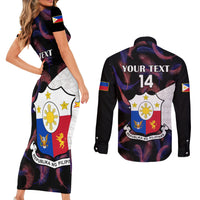 Custom Philippines Football Couples Matching Short Sleeve Bodycon Dress and Long Sleeve Button Shirts 2023 World Cup Go Filipinas Feather Black Version LT14 - Polynesian Pride