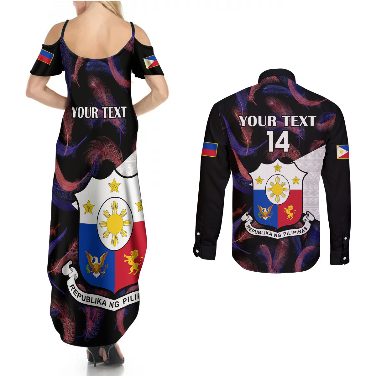 Custom Philippines Football Couples Matching Summer Maxi Dress and Long Sleeve Button Shirts 2023 World Cup Go Filipinas Feather Black Version LT14 - Polynesian Pride