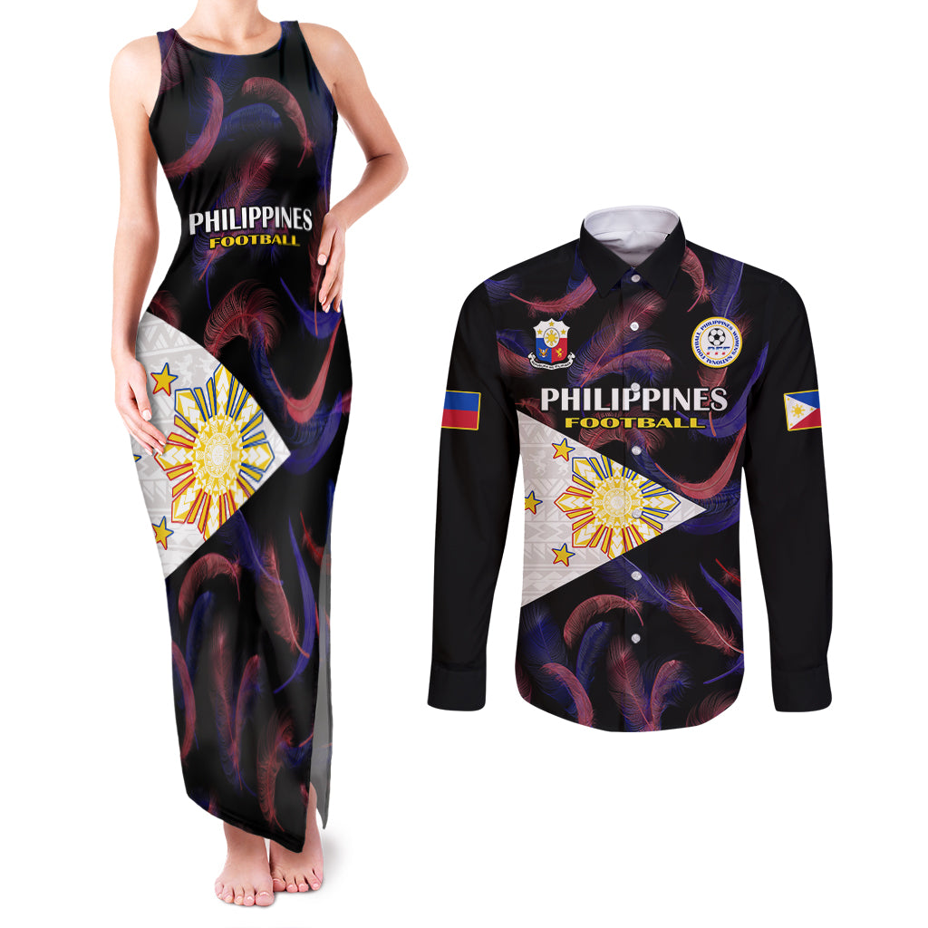 Custom Philippines Football Couples Matching Tank Maxi Dress and Long Sleeve Button Shirts 2023 World Cup Go Filipinas Feather Black Version LT14 Black - Polynesian Pride