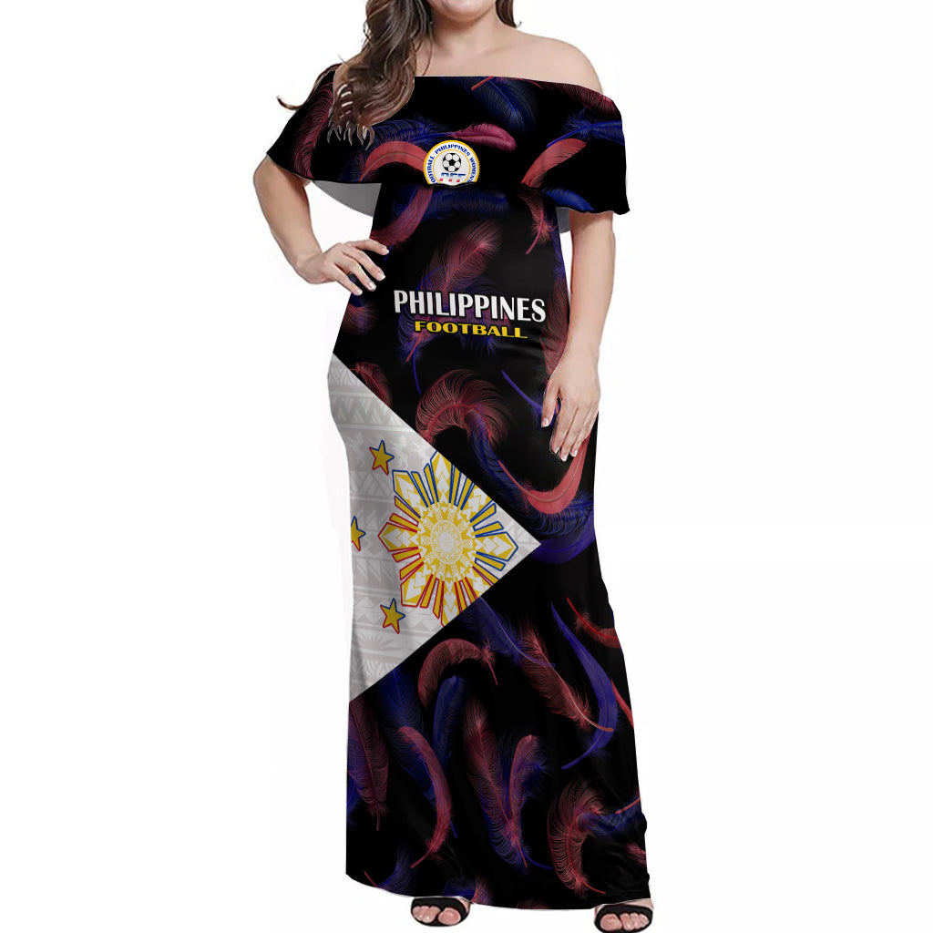 Custom Philippines Football Off Shoulder Maxi Dress 2023 World Cup Go Filipinas Feather Black Version LT14 Women Black - Polynesian Pride