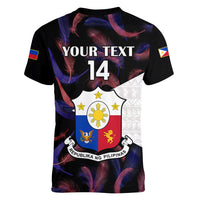Custom Philippines Football Women V Neck T Shirt 2023 World Cup Go Filipinas Feather Black Version LT14 - Polynesian Pride