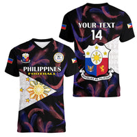 Custom Philippines Football Women V Neck T Shirt 2023 World Cup Go Filipinas Feather Black Version LT14 - Polynesian Pride