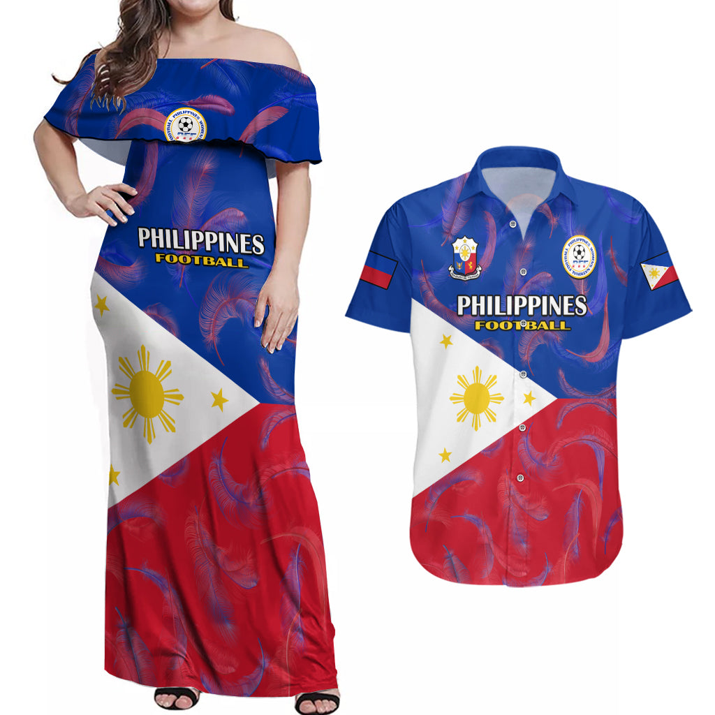 Philippines Football Couples Matching Off Shoulder Maxi Dress and Hawaiian Shirt 2023 World Cup Go Filipinas Feather Flag Version LT14 Blue - Polynesian Pride