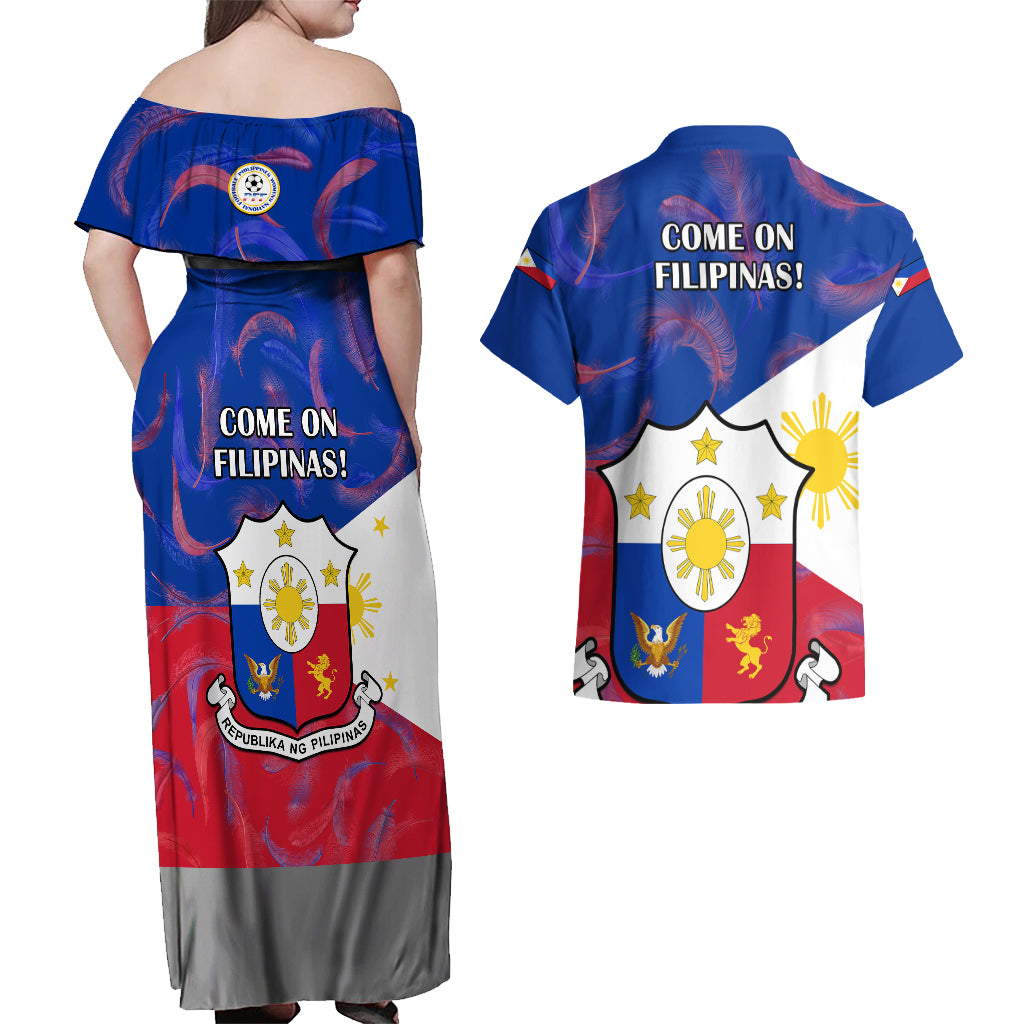 Philippines Football Couples Matching Off Shoulder Maxi Dress and Hawaiian Shirt 2023 World Cup Go Filipinas Feather Flag Version LT14 - Polynesian Pride