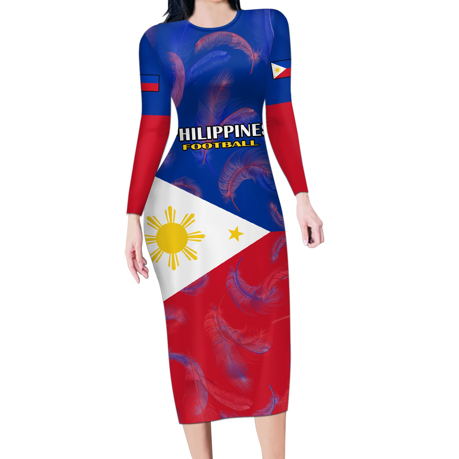 Philippines Football Long Sleeve Bodycon Dress 2023 World Cup Go Filipinas Feather Flag Version LT14 Long Dress Blue - Polynesian Pride