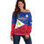 Philippines Football Off Shoulder Sweater 2023 World Cup Go Filipinas Feather Flag Version LT14 Women Blue - Polynesian Pride