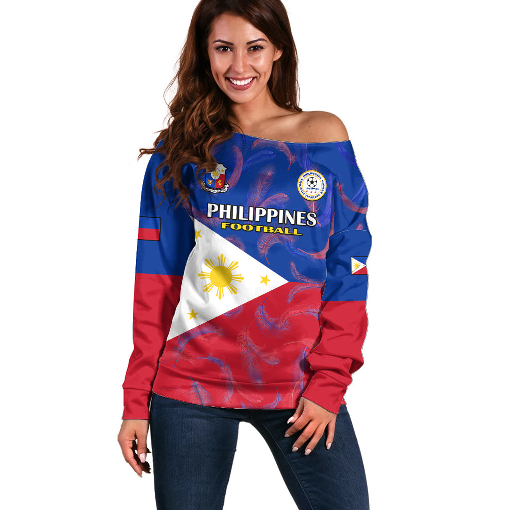 Philippines Football Off Shoulder Sweater 2023 World Cup Go Filipinas Feather Flag Version LT14 Women Blue - Polynesian Pride