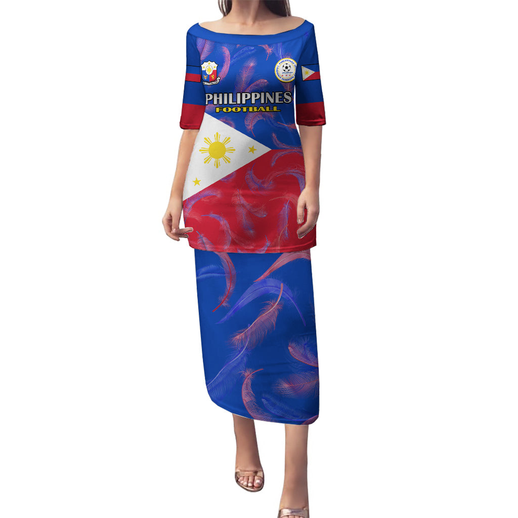 Philippines Football Puletasi 2023 World Cup Go Filipinas Feather Flag Version LT14 Long Dress Blue - Polynesian Pride