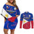 Custom Philippines Football Couples Matching Off Shoulder Short Dress and Long Sleeve Button Shirts 2023 World Cup Go Filipinas Feather Flag Version LT14 Blue - Polynesian Pride