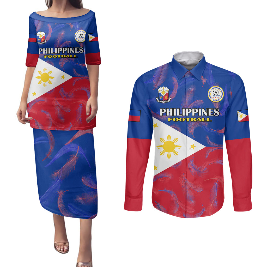 Custom Philippines Football Couples Matching Puletasi Dress and Long Sleeve Button Shirts 2023 World Cup Go Filipinas Feather Flag Version LT14 Blue - Polynesian Pride