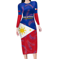 Custom Philippines Football Long Sleeve Bodycon Dress 2023 World Cup Go Filipinas Feather Flag Version LT14 Long Dress Blue - Polynesian Pride