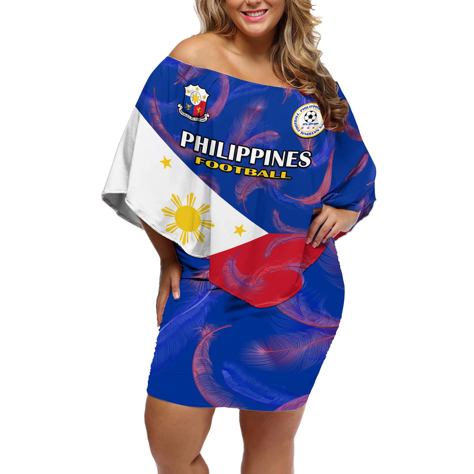 Custom Philippines Football Off Shoulder Short Dress 2023 World Cup Go Filipinas Feather Flag Version LT14 Women Blue - Polynesian Pride