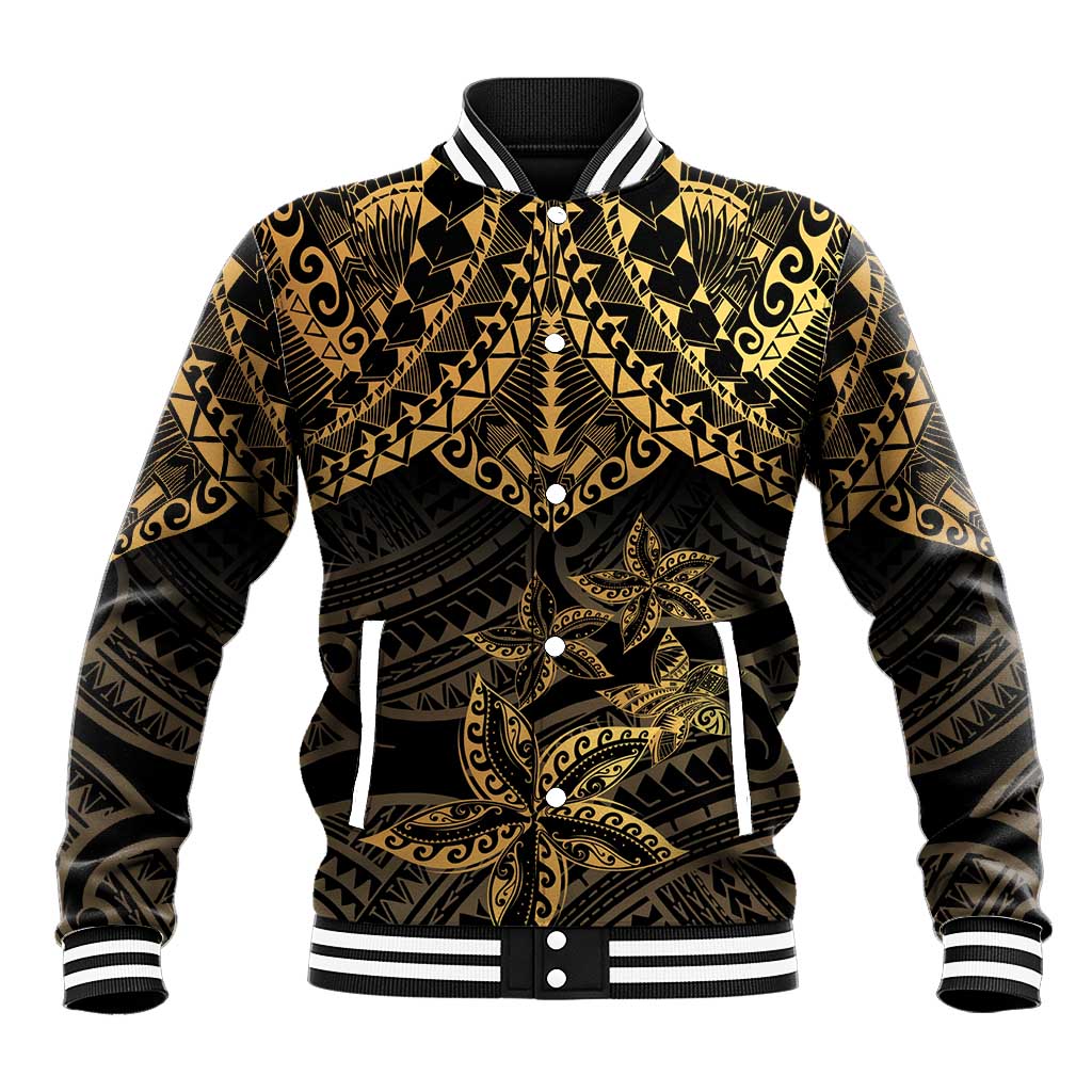 Black and Gold Polynesia Baseball Jacket Plumeria Tattoo With Polynesian Pattern LT14 Unisex Black - Polynesian Pride