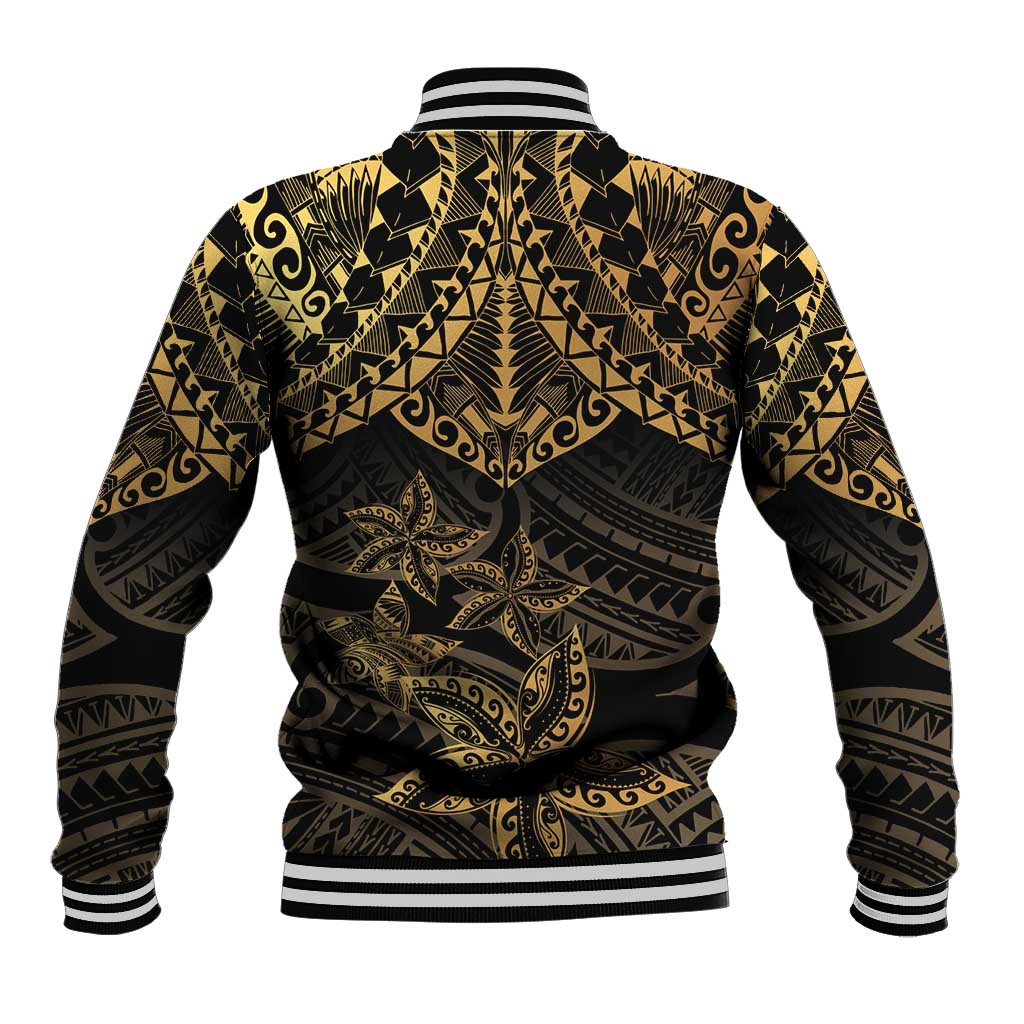 Black and Gold Polynesia Baseball Jacket Plumeria Tattoo With Polynesian Pattern LT14 - Polynesian Pride