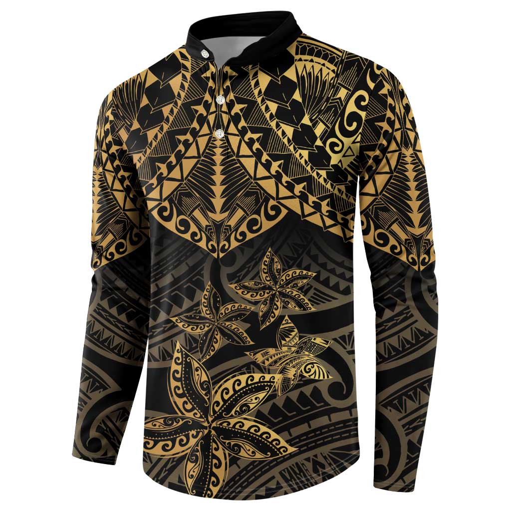 Black and Gold Polynesia Button Sweatshirt Plumeria Tattoo With Polynesian Pattern LT14 - Polynesian Pride