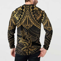 Black and Gold Polynesia Button Sweatshirt Plumeria Tattoo With Polynesian Pattern LT14 - Polynesian Pride