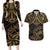 Black and Gold Polynesia Couples Matching Long Sleeve Bodycon Dress and Hawaiian Shirt Plumeria Tattoo With Polynesian Pattern