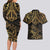 Black and Gold Polynesia Couples Matching Long Sleeve Bodycon Dress and Hawaiian Shirt Plumeria Tattoo With Polynesian Pattern