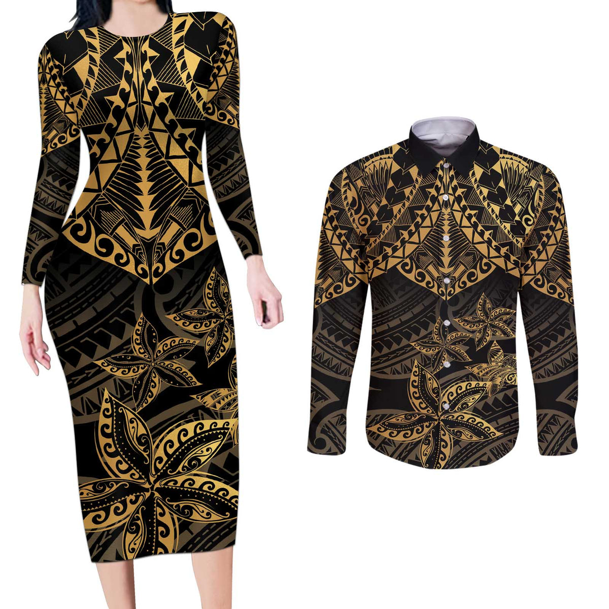 Black and Gold Polynesia Couples Matching Long Sleeve Bodycon Dress and Long Sleeve Button Shirt Plumeria Tattoo With Polynesian Pattern LT14 Black - Polynesian Pride