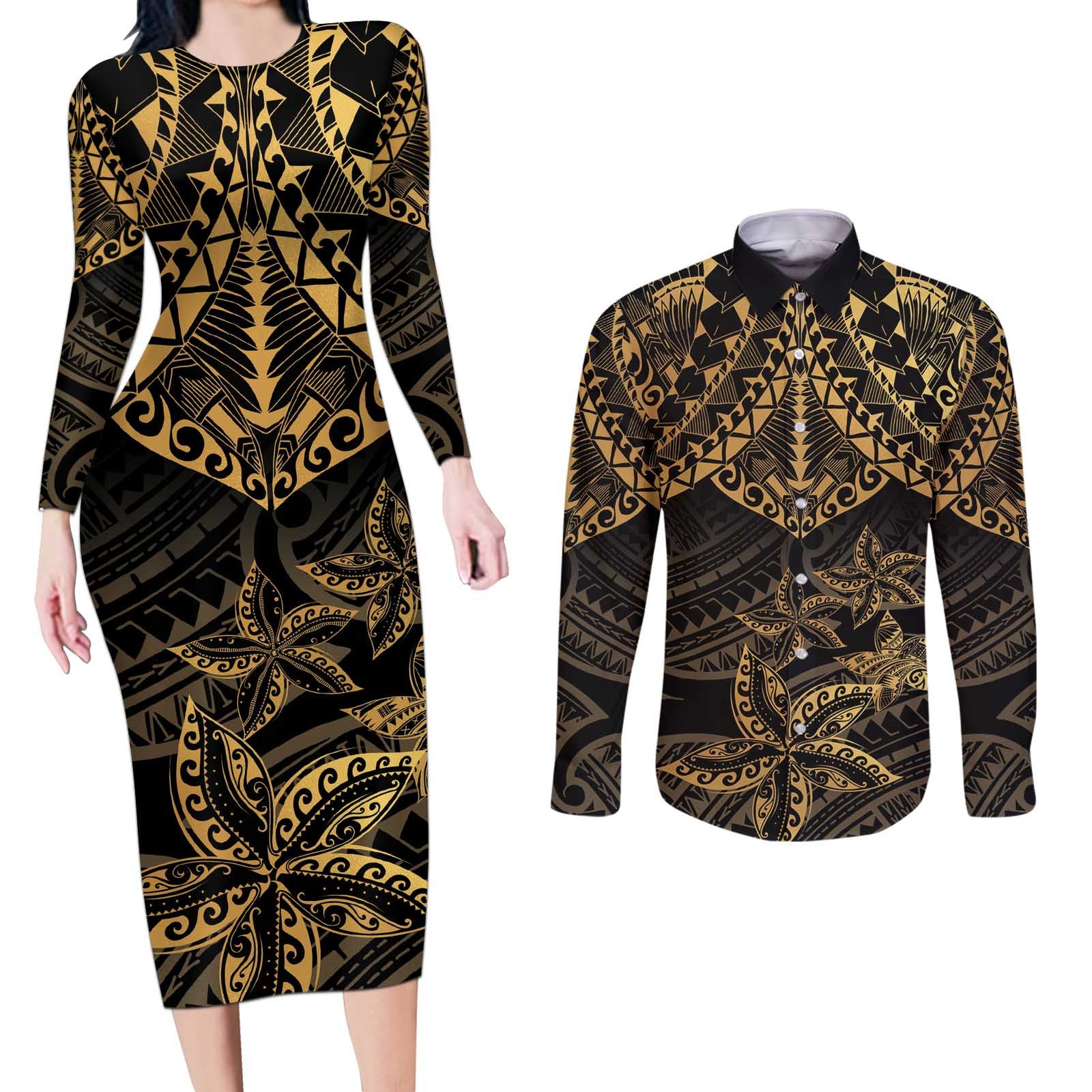Black and Gold Polynesia Couples Matching Long Sleeve Bodycon Dress and Long Sleeve Button Shirt Plumeria Tattoo With Polynesian Pattern LT14 Black - Polynesian Pride