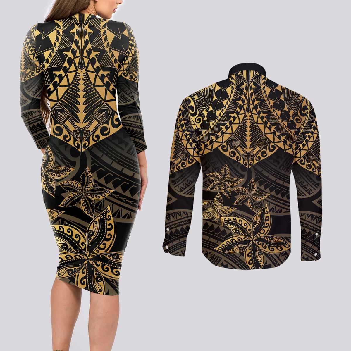 Black and Gold Polynesia Couples Matching Long Sleeve Bodycon Dress and Long Sleeve Button Shirt Plumeria Tattoo With Polynesian Pattern LT14 - Polynesian Pride