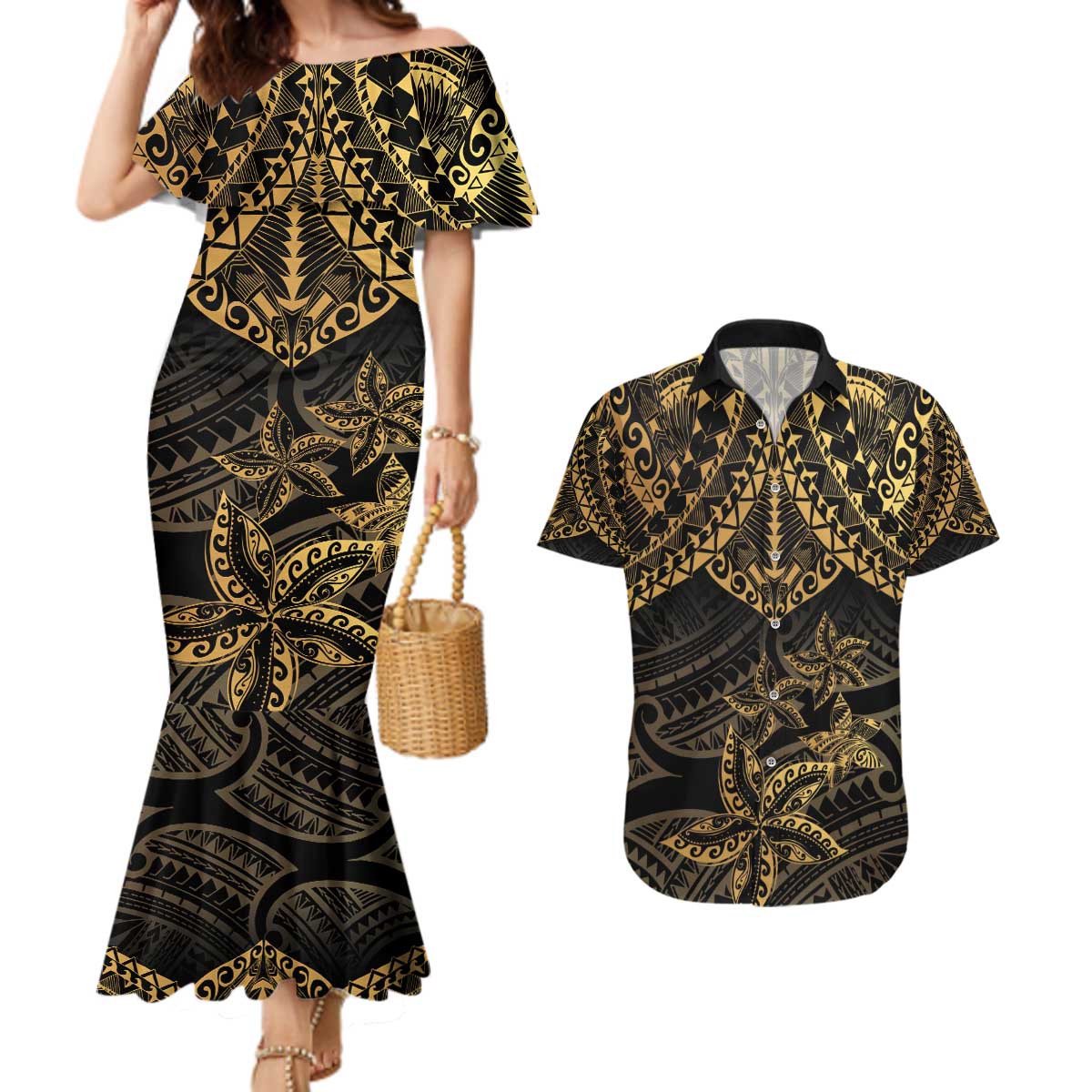 Black and Gold Polynesia Couples Matching Mermaid Dress and Hawaiian Shirt Plumeria Tattoo With Polynesian Pattern