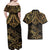 Black and Gold Polynesia Couples Matching Off Shoulder Maxi Dress and Hawaiian Shirt Plumeria Tattoo With Polynesian Pattern