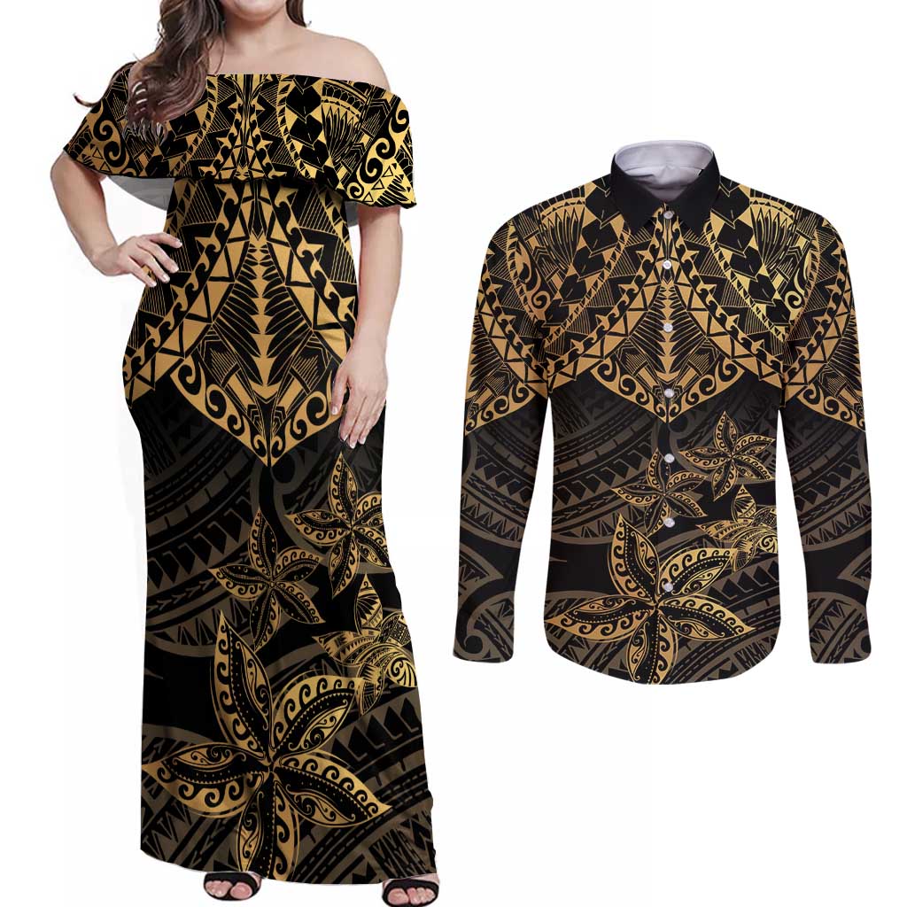Black and Gold Polynesia Couples Matching Off Shoulder Maxi Dress and Long Sleeve Button Shirt Plumeria Tattoo With Polynesian Pattern LT14 Black - Polynesian Pride