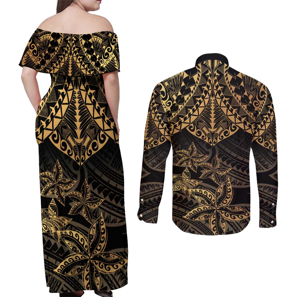 Black and Gold Polynesia Couples Matching Off Shoulder Maxi Dress and Long Sleeve Button Shirt Plumeria Tattoo With Polynesian Pattern LT14 - Polynesian Pride