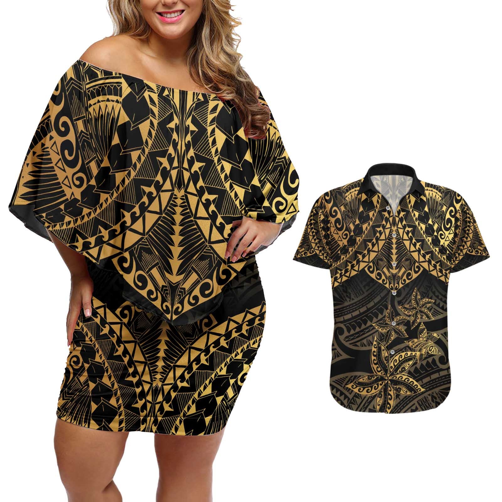 Black and Gold Polynesia Couples Matching Off Shoulder Short Dress and Hawaiian Shirt Plumeria Tattoo With Polynesian Pattern LT14 Black - Polynesian Pride