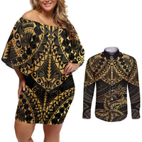 Black and Gold Polynesia Couples Matching Off Shoulder Short Dress and Long Sleeve Button Shirt Plumeria Tattoo With Polynesian Pattern LT14 Black - Polynesian Pride