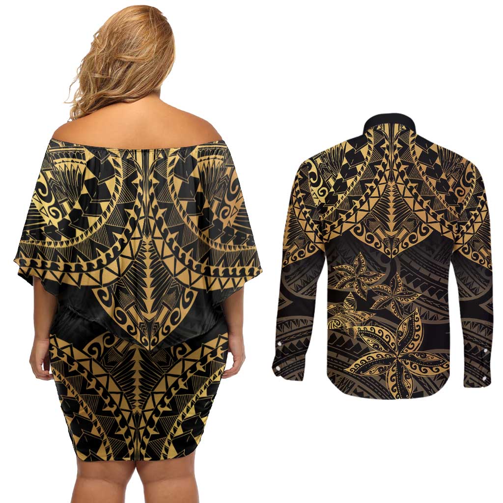 Black and Gold Polynesia Couples Matching Off Shoulder Short Dress and Long Sleeve Button Shirt Plumeria Tattoo With Polynesian Pattern LT14 - Polynesian Pride