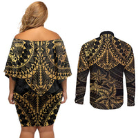 Black and Gold Polynesia Couples Matching Off Shoulder Short Dress and Long Sleeve Button Shirt Plumeria Tattoo With Polynesian Pattern LT14 - Polynesian Pride