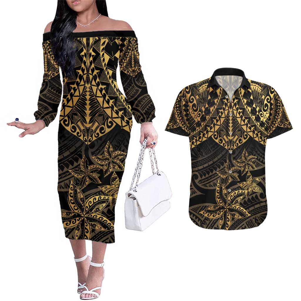 Black and Gold Polynesia Couples Matching Off The Shoulder Long Sleeve Dress and Hawaiian Shirt Plumeria Tattoo With Polynesian Pattern LT14 Black - Polynesian Pride