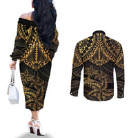 Black and Gold Polynesia Couples Matching Off The Shoulder Long Sleeve Dress and Long Sleeve Button Shirt Plumeria Tattoo With Polynesian Pattern LT14 - Polynesian Pride