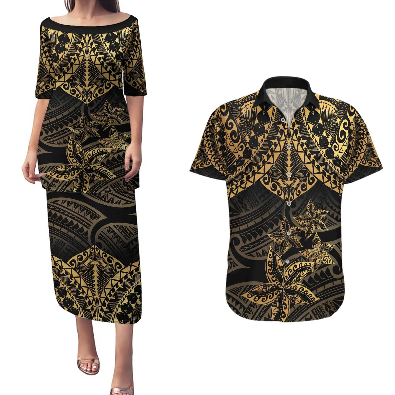 Black and Gold Polynesia Couples Matching Puletasi and Hawaiian Shirt Plumeria Tattoo With Polynesian Pattern LT14 Black - Polynesian Pride