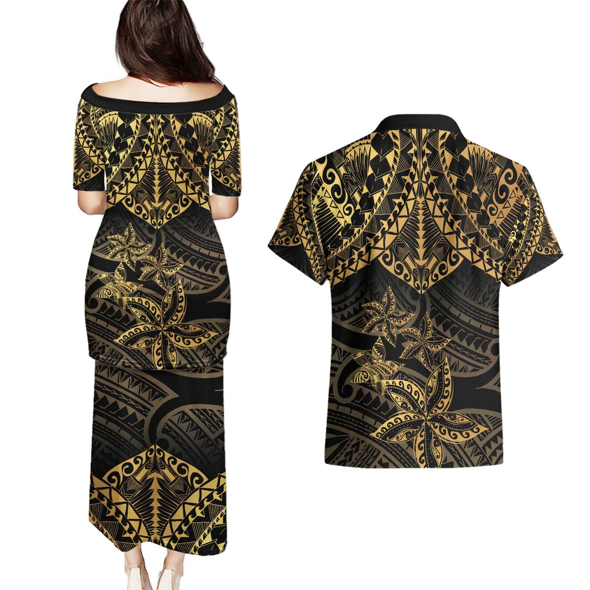 Black and Gold Polynesia Couples Matching Puletasi and Hawaiian Shirt Plumeria Tattoo With Polynesian Pattern LT14 - Polynesian Pride