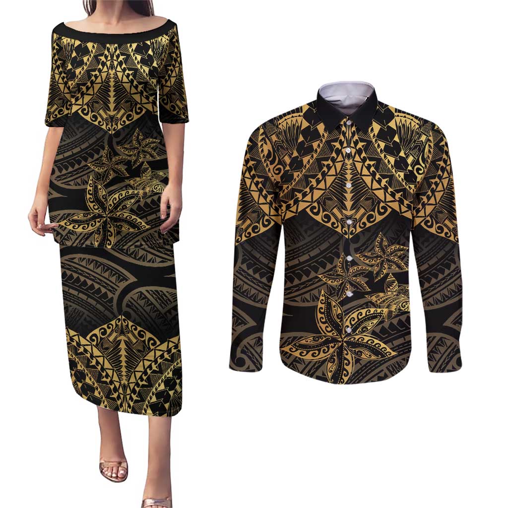Black and Gold Polynesia Couples Matching Puletasi and Long Sleeve Button Shirt Plumeria Tattoo With Polynesian Pattern LT14 Black - Polynesian Pride