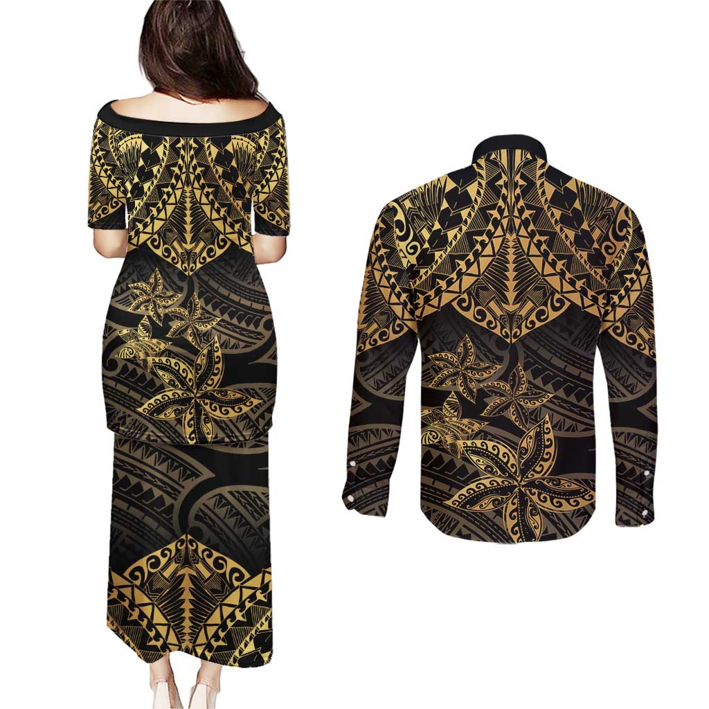 Black and Gold Polynesia Couples Matching Puletasi and Long Sleeve Button Shirt Plumeria Tattoo With Polynesian Pattern LT14 - Polynesian Pride