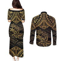 Black and Gold Polynesia Couples Matching Puletasi and Long Sleeve Button Shirt Plumeria Tattoo With Polynesian Pattern LT14 - Polynesian Pride