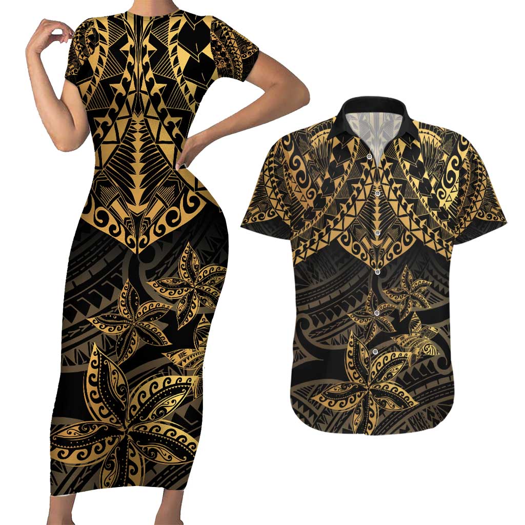Black and Gold Polynesia Couples Matching Short Sleeve Bodycon Dress and Hawaiian Shirt Plumeria Tattoo With Polynesian Pattern LT14 Black - Polynesian Pride