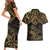 Black and Gold Polynesia Couples Matching Short Sleeve Bodycon Dress and Hawaiian Shirt Plumeria Tattoo With Polynesian Pattern